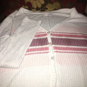 Size medium cardigan. White with pink and purple stripes.